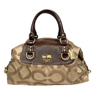 COACH 12947 Madison Sabrina Tan & Brown Op Art Signature Patent Leather Satchel